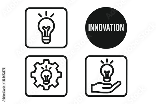 Black and white line icons for innovation, idea, process, and creativity concepts