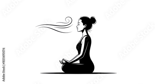 Minimalist black and white illustration of a woman practicing mindful breathing.