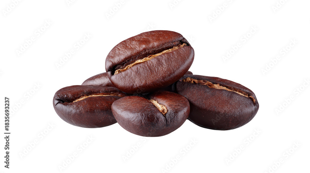 Obraz premium Roasted coffee bean brown glossy aromatic isolated transparency background closeup macro caffeine ingredient food natural fresh energy texture organic morning drink stimulant gourmet agriculture