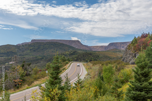 Panoramic View of Gros Morne National Park Tablelands Rock Formations as seen from Bonne Bay Road, Quebec, Canada on an Autumn Day