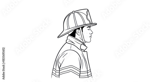 Side Profile of a Firefighter in Full Gear Line Art Illustration.