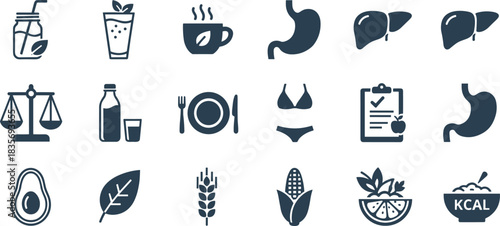 Diet, Nutrition, and Healthy Lifestyle Vector Icons Set Showing Food, Organic Ingredients, Digestion, Weight Loss, and Natural Beverages for Wellness and Detox.