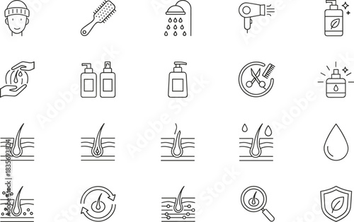 Hair Care, Treatment, Styling, and Hygiene Vector Icons Set Showing Shampoo, Conditioner, Hair Loss, Scalp Health, and Salon Equipment.