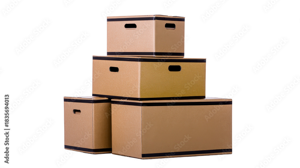 Obraz premium Stacked cardboard storage boxes with black handles, isolated on transparency background, used for moving, organizing, or storing items in home or office, practical and minimalistic design