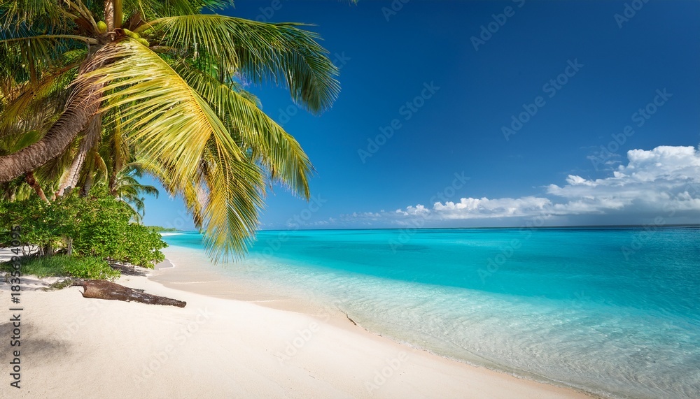 Fototapeta premium escape to paradise with turquoise waters and swaying palms on golden sands