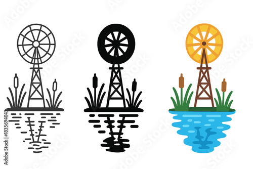 Wind Pump Reflections. Circular wind pump rotor turning slowly above reeds and reflection pond, first in line style with thin