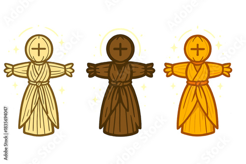 Ancient Corn Husk Effigy. Ancient-inspired corn husk effigy glowing with gentle aura of protection, first in line style with thin