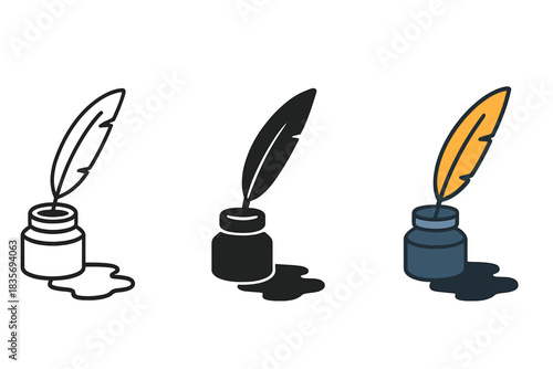 Quill and Ink Variations. Classic quill pen resting in an open ink pot with ink puddle beside it, first in line style with thin