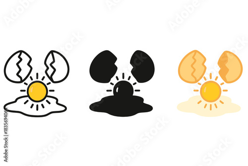 Glowing Egg Yolk Art. Cracked egg with yolk perfectly round glowing like miniature sun, first in line style with thin outline,