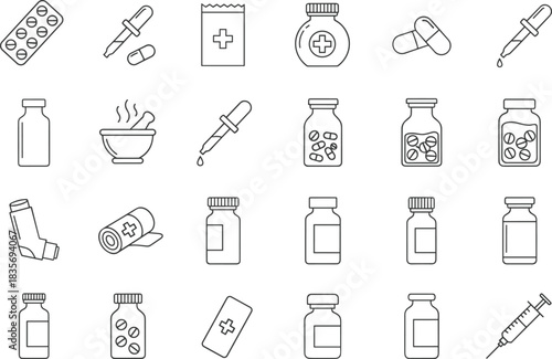 Pharmacy, Drugs, Medicine, and Medical Supplies Vector Icons Set Showing Pills, Bottles, Syringes, Blister Packs, and Mortar for Health Treatment.