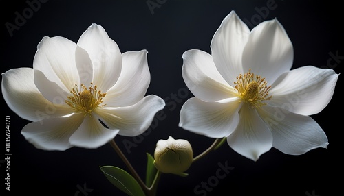 two delicate white flowers against a dark background