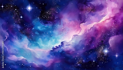 stunning watercolor galaxy nebula with vibrant purple and blue hues and twinkling stars