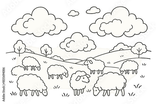 Sheep Clouds Artistry. Pastoral scene showing flock of sheep whose wool blends seamlessly into cloud shapes above, first in line