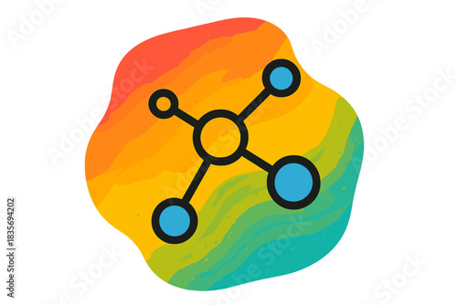 Molecular Art Fusion. Flat style icon of a molecular structure integrated into an abstract painting, bright colors, representing
