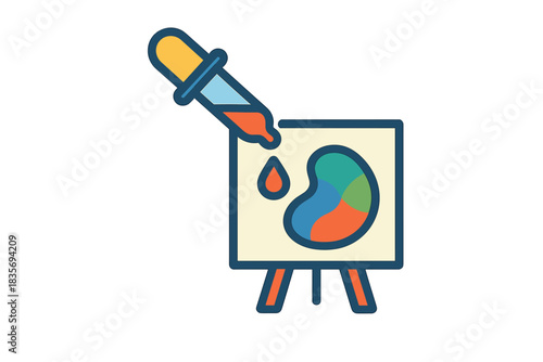 Pipette Art Icon. Flat style icon of a pipette dripping colored liquid onto a canvas, bright colors, representing congener