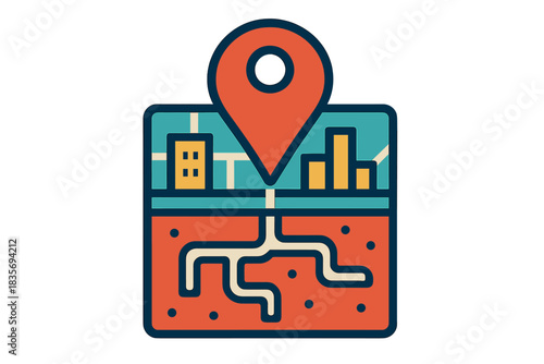 Subterranean City Pin Icon. Flat style icon of a map pin pointing to a subterranean area in a city, bright colors, representing