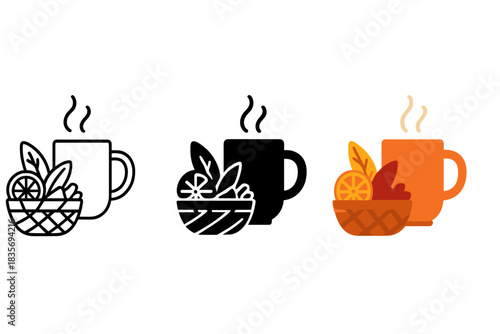 Botanical Tea Trio. Dried botanical mix, small basket, steaming mug, first in line style with thin outline, second in solid style