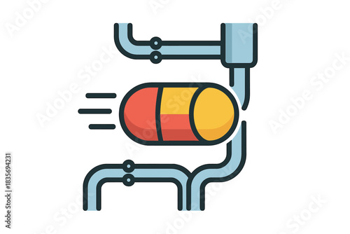 Pneumatic Mail Capsule. Flat style icon of a capsule flying through a network of tubes, bright colors, representing pneumatic