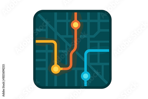 Stylized City Map Icon. Flat style icon of a stylized map with glowing underground routes, bright colors, representing