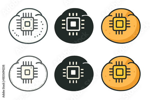 Futuristic Bread Designs. Round bread rolls with tiny microchip engravings on top, futuristic food gadget theme, clean lines,