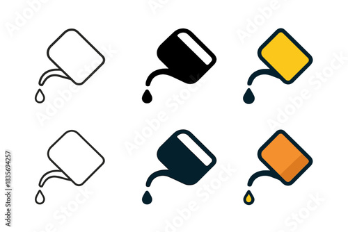 Oil Can Variations. Tilted oil can with curved nozzle dripping oil, simple minimalist vector illustration, first in line style