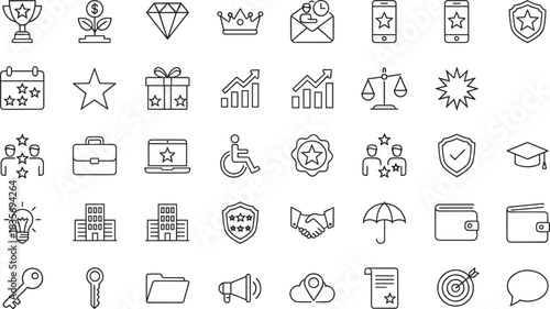 Business Success, Achievement, Finance, and Security Vector Icons Set Showing Awards, Growth, Investment, Corporate Law, and VIP Client Services.