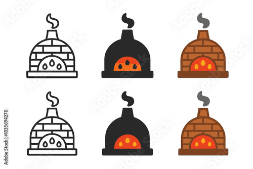 Brick Kiln Icons. Brick kiln dome with smoke rising and glowing embers, clean geometric minimal icon, first in line style with