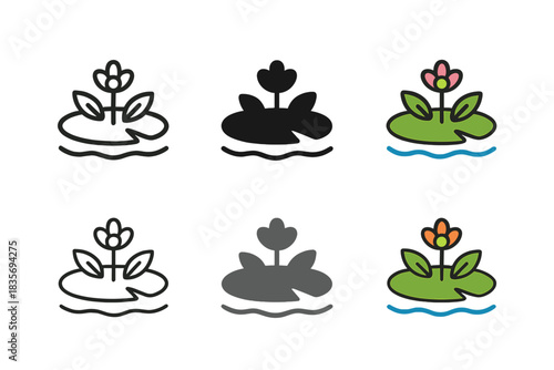 Lily Pad Wonderland. Floating lily pads forming a miniature world with tiny flowers, minimal vector icon, first in line style with
