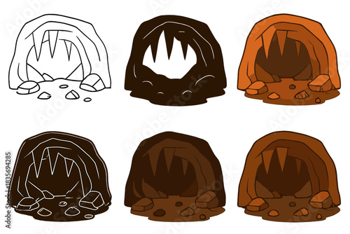 Iron-Rich Cave Art. Cave chamber with scattered iron-rich stones and metallic highlights, simple minimal vector illustration,