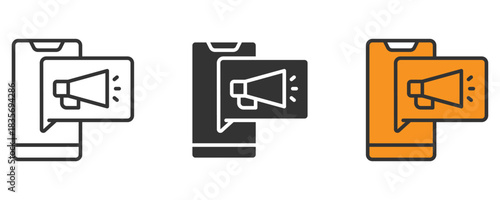 Mobile marketing campaign with promotional megaphone alerts on smartphone for social media reach and digital advertising strategy to grow online brand awareness