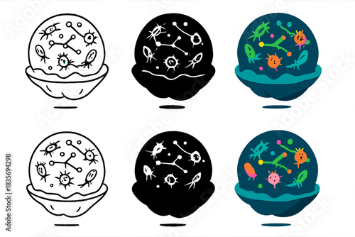 Neon Plastisphere Network. Floating plastisphere with small neon organisms forming network, clean minimal vector design, first in