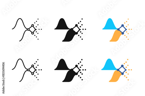 Quantum Wave Decoherence. Decohering quantum wave patterns with fading connections, clean geometric minimal icon, first in line