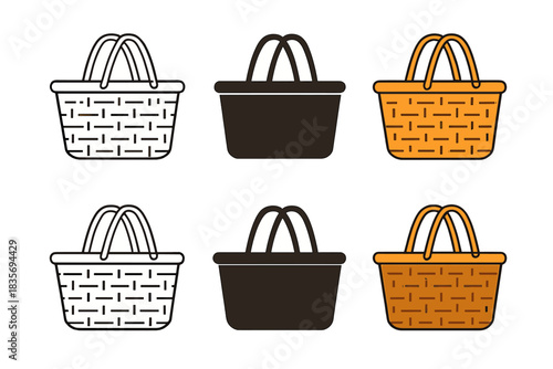 Stylized Picnic Basket Showcase. Closed wicker picnic basket with handles and subtle weave details, abstract minimal vector design