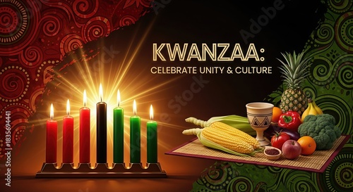 Kwanzaa celebration. Kinara, seven bright red, black, green candles. Traditional produce: corn, pineapple, fruits, vegetables, unity cup on a woven mat. African heritage, community spirit.