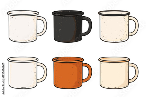 Enamel Mug Styles. Side view of enamel mug with subtle highlights and rustic texture, abstract minimal vector design, first in
