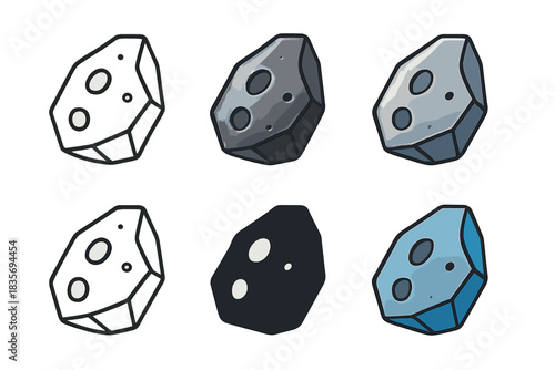 Meteorite Icon Designs. Meteorite shard with metallic texture and small craters on surface, clean geometric minimal icon, first in