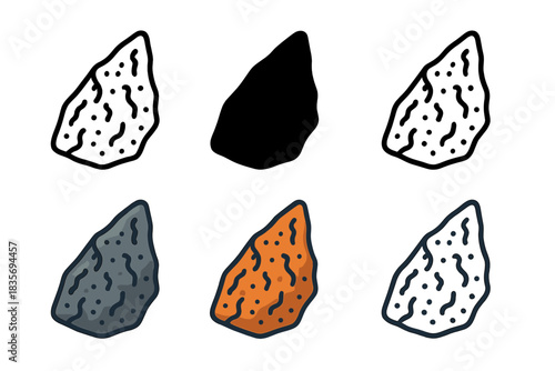 Meteorite Icon Variations. Small shard of metallic meteorite with rough, textured surface, simple minimal vector icon, first in