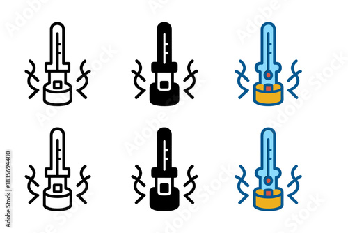 Quantum Temperature Apparatus Design. Low-temperature apparatus symbol showing thermometer and energy lines around quantum sample,