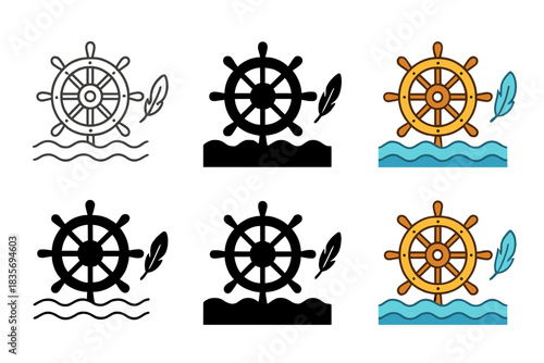 Nautical Dreams. Ship wheel floating above waves with a feather drifting alongside, smooth modern vector illustration, first in