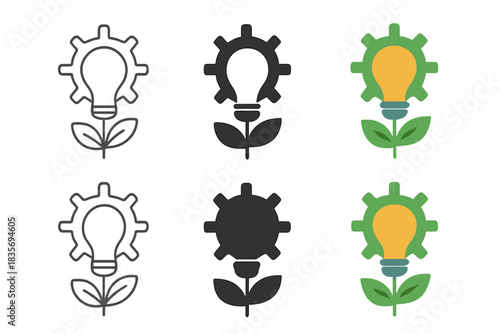Eco Lightbulb Icons. Eco lightbulb with gear-like rays radiating outward and leaf silhouette below, clean geometric vector icons,