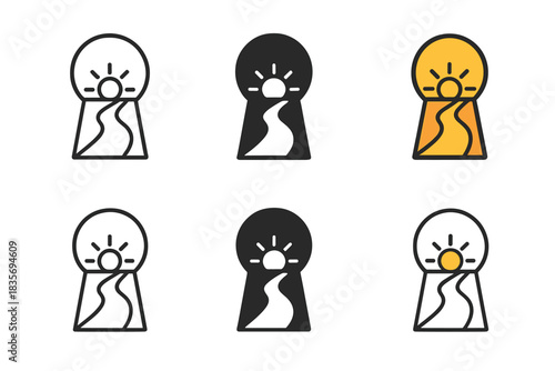 Sunrise Keyhole Icon. Keyhole opening through which a radiant sun rises along a glowing path, minimalist vector icon set, first in