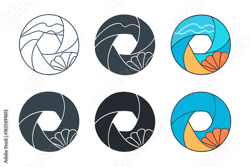 Layered Camera Aperture. Camera lens aperture formed by layered waves and shell textures, smooth modern vector illustration, first