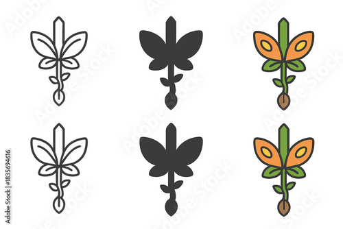 Vine Sword Variations. Sword made of vines sprouting from a seed with butterfly wings as guard, clean geometric vector icons,