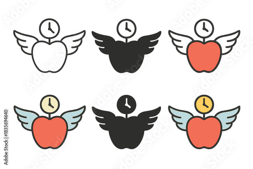 Timeless Apple Design. Winged apple with a clock stem detail, symbolizing time and vitality, elegant minimal vector design, first