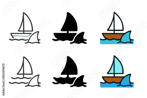 Shark Fin Icons. Shark fin emerging near a sailing ship on calm water, minimalist vector icon set, first in line style with thin