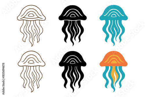 Jellyfish Artistic Variations. Jellyfish Tide Bell, abstract sea form echoing sound waves and flowing currents, first in line