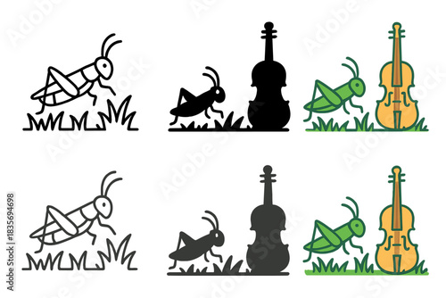 Cricket and Violin Art. Cricket Field Violin, poetic countryside icon showing a cricket beside a violin over a grassy field, first