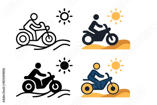 Motorcycle Desert Icon. Motorcycle Desert Road, clean modern icon showing unity between motion and sunlight through smooth dynamic