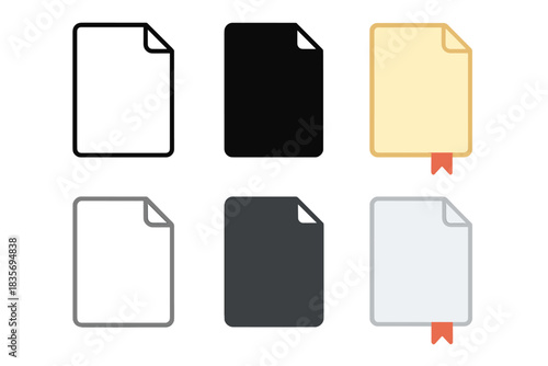 Varied Bookmark Styles. Single page with corner folded and vertical ribbon bookmark, minimal shadow accent, first in line style