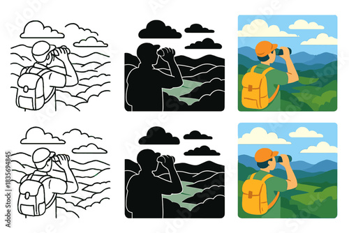 Explorer's Horizon Views. Traveler holding binoculars gazing at valley below, clouds drifting above, first in line style with thin